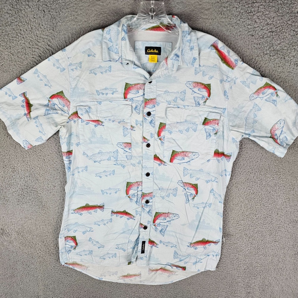 Cabela's Fishing Shirt Mens Medium Blue Trout Print Pockets Vented Button Up